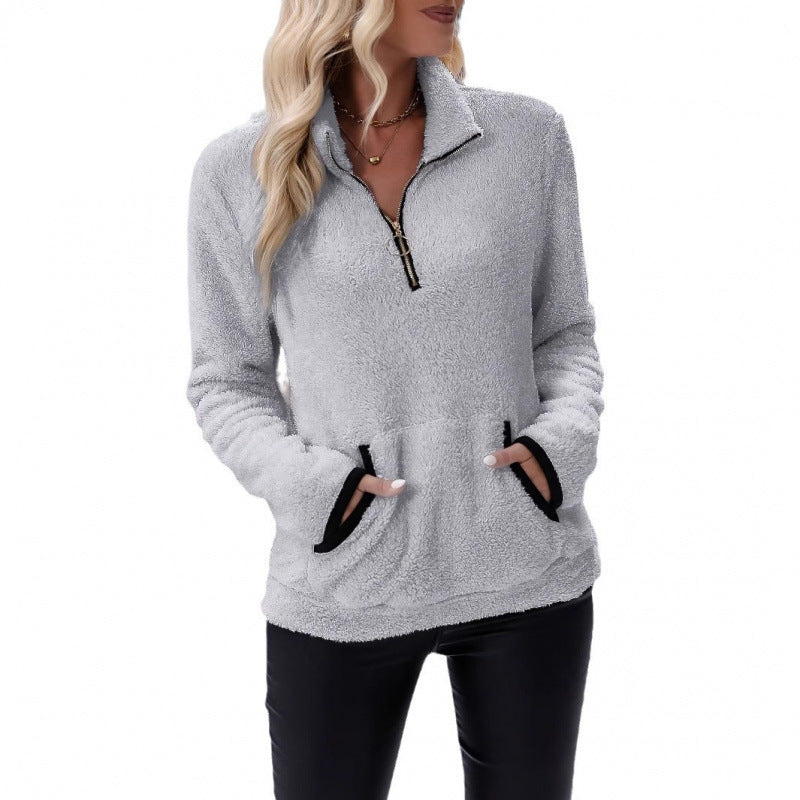Damen flauschiger Fleece-Kuschelpullover mit halbem Reißverschluss, Kängurutasche und Stehkragen Nord Taschen