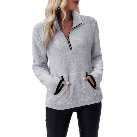 Damen flauschiger Fleece-Kuschelpullover mit halbem Reißverschluss, Kängurutasche und Stehkragen Nord Taschen
