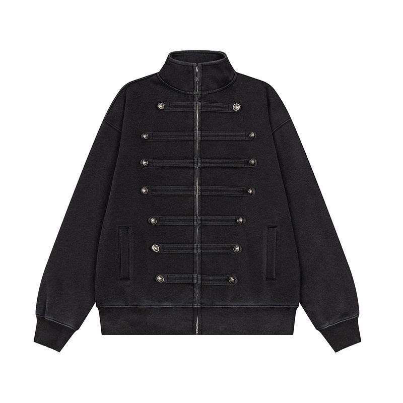 Herren Militärisch inspirierte Sweatjacke mit Stehkragen und Zierknopfleisten Nord Taschen