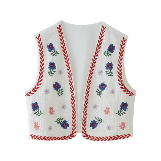 Damen Bestickte Baumwoll‑Weste im Boho‑Stil mit V‑Ausschnitt und Zierborte Nord Taschen