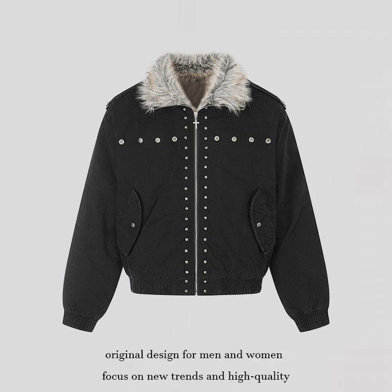 Damen wattierte Bomberjacke mit Kunstfellkragen, Nietenapplikation und Schulterklappen Nord Taschen