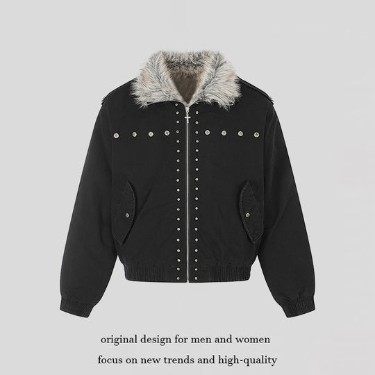Damen wattierte Bomberjacke mit Kunstfellkragen, Nietenapplikation und Schulterklappen Nord Taschen
