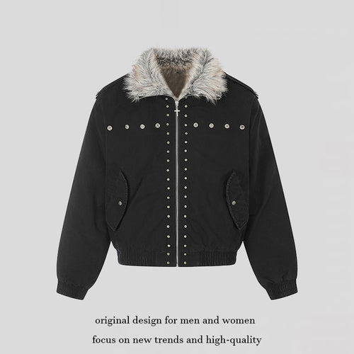 Damen wattierte Bomberjacke mit Kunstfellkragen, Nietenapplikation und Schulterklappen Nord Taschen