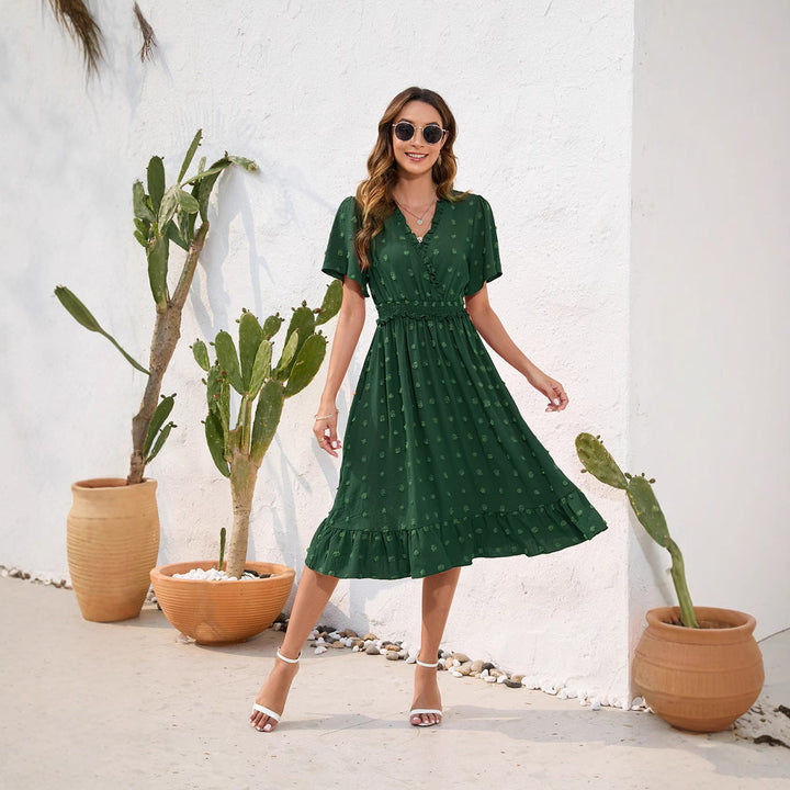 Damen Midikleid mit raffiniertem V-Ausschnitt, elastischem Taillenzug und fließendem Rock