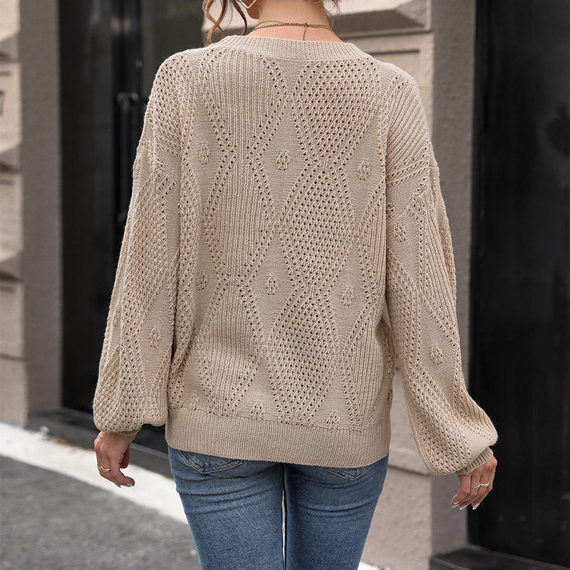Damen Ajourstrick-Pullover mit Diamantmuster, Oversize-Ballonärmeln und Rundhalsausschnitt Nord Taschen