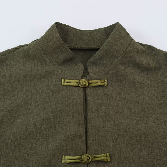 Damen Boxy Leinenblend-Jacke mit Stehkragen und chinesischen Knebelverschlüssen Nord Taschen