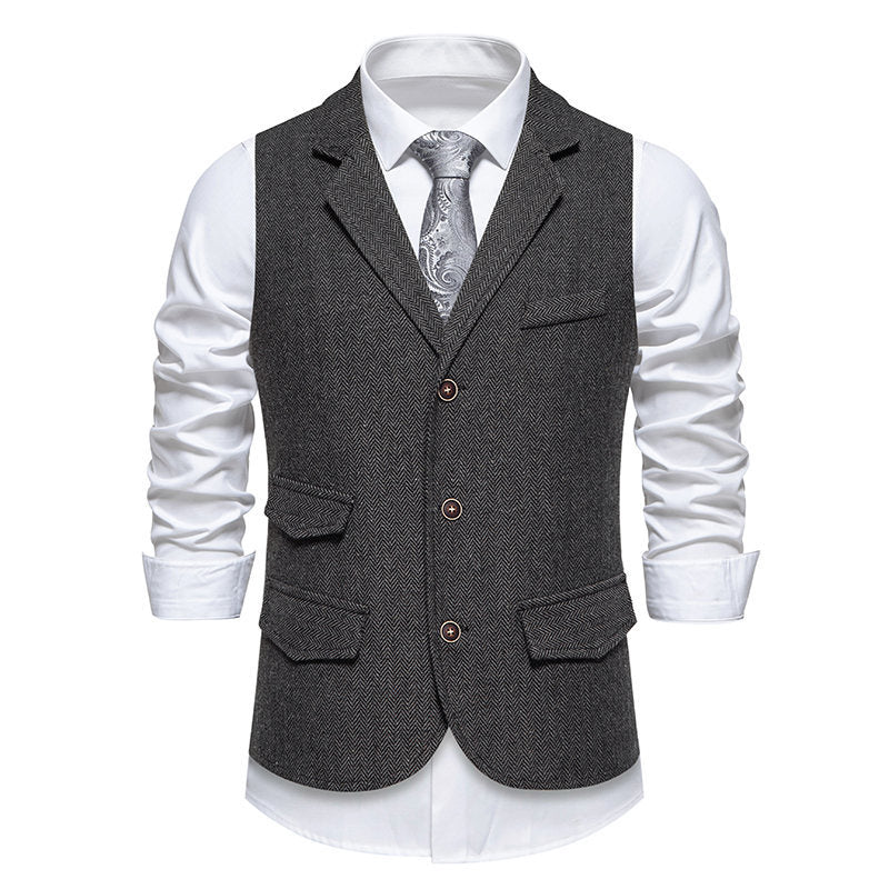 Herren Tweed-Weste mit Fischgrätstruktur, Reverskragen und Pattentaschen Nord Taschen