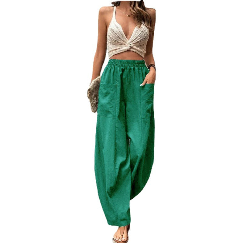Damen Leichte Leinenhose mit weitem Bein, hohem elastischem Bund und aufgesetzten Taschen Nord Taschen