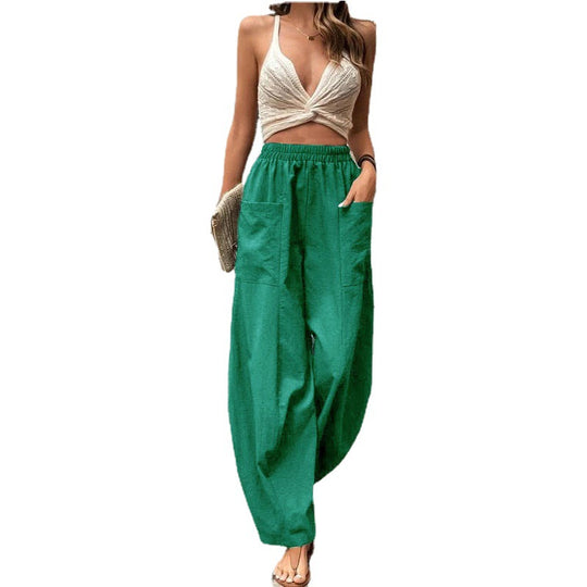 Damen Leichte Leinenhose mit weitem Bein, hohem elastischem Bund und aufgesetzten Taschen Nord Taschen