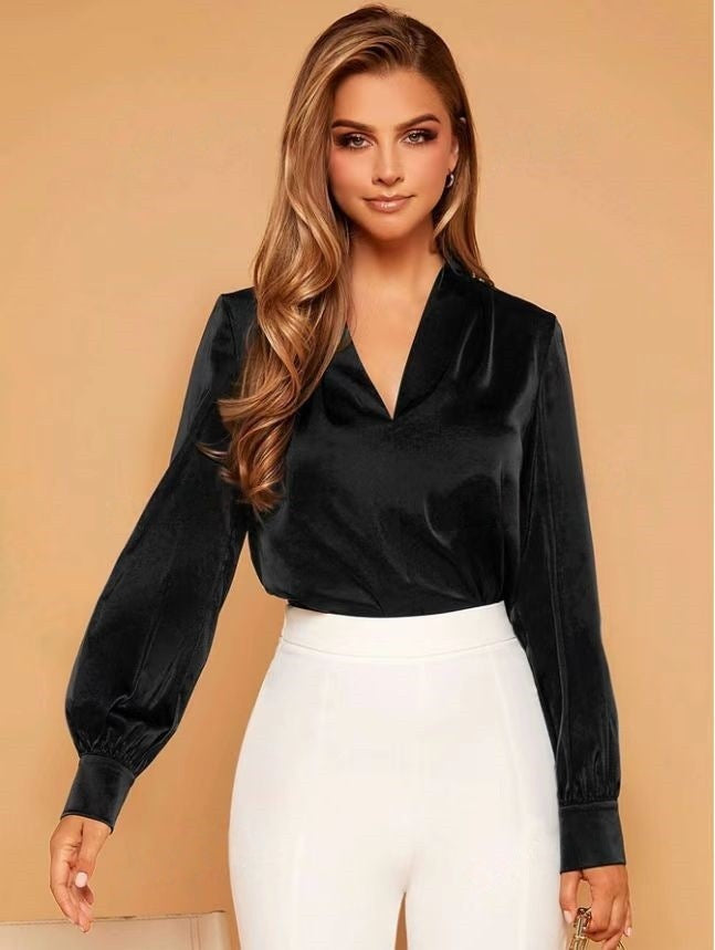 V-Ausschnitt Langarm Satin Bluse