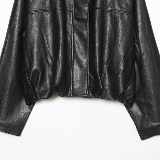 Damen Cropped Boxy Kunstlederjacke mit hohem Funnelkragen und verdeckter Leiste Nord Taschen