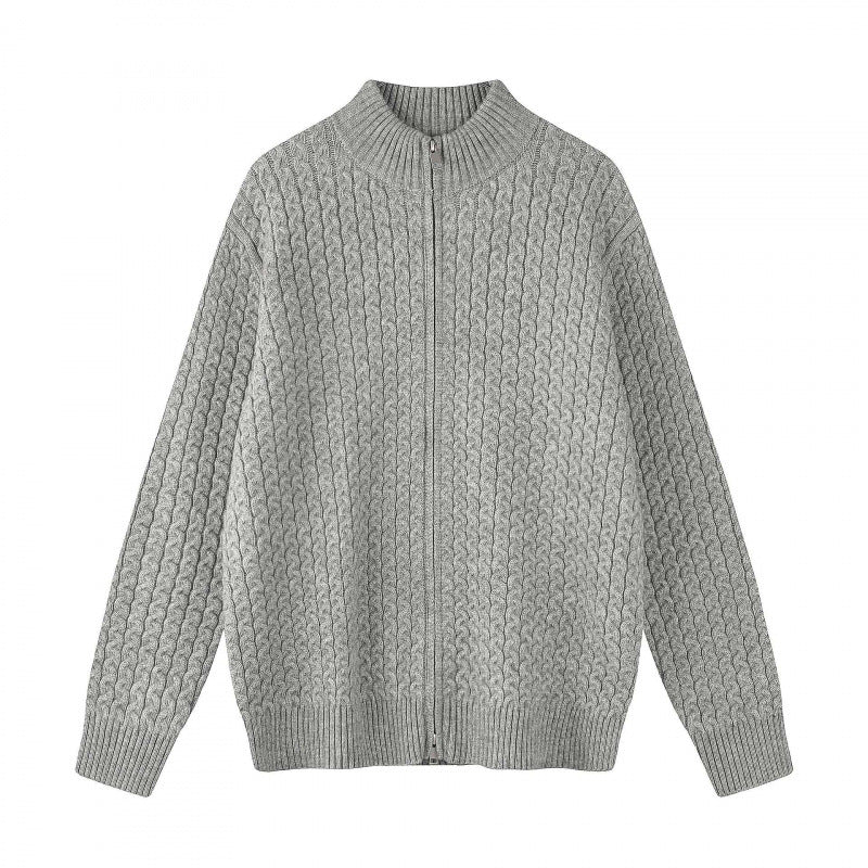 Unisex Boxy-Strickjacke mit Zopfmuster, Stehkragen und Zwei-Wege-Reißverschluss Nord Taschen