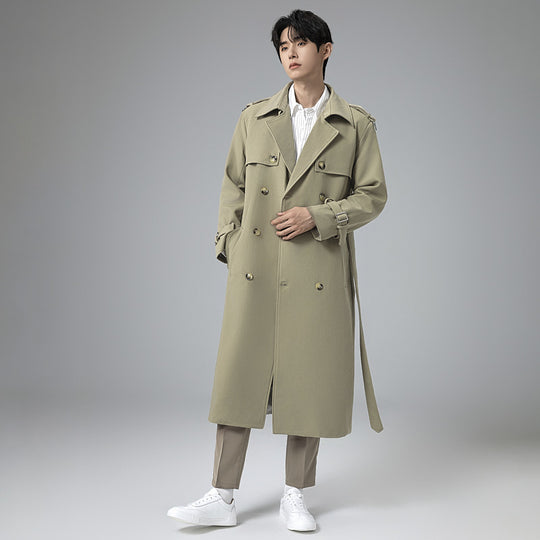Herren Moderner Maxilanger Doppelreihiger Trenchcoat mit klassischem Revers und verstellbaren Manschetten Nord Taschen