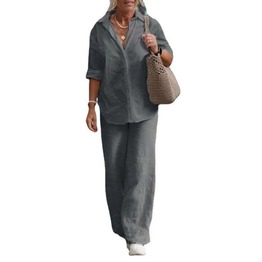 Damen Leichtes Leinen-Loungewear-Set mit offenem Hemdkragen und weiter Palazzohose Nord Taschen