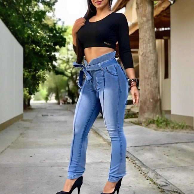 Damen Hochtaillierte Paperbag-Skinny-Jeans mit Bindegürtel und vertikaler Nahtführung Nord Taschen
