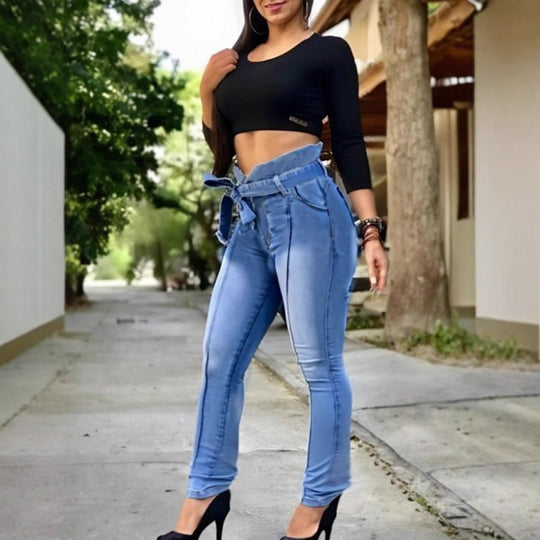 Damen Hochtaillierte Paperbag-Skinny-Jeans mit Bindegürtel und vertikaler Nahtführung Nord Taschen