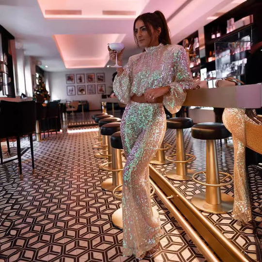 Damen Glitzerndes Oberschenkel-lang Outfit mit Raffungen und weit geschnittenen Beinen Nord Taschen