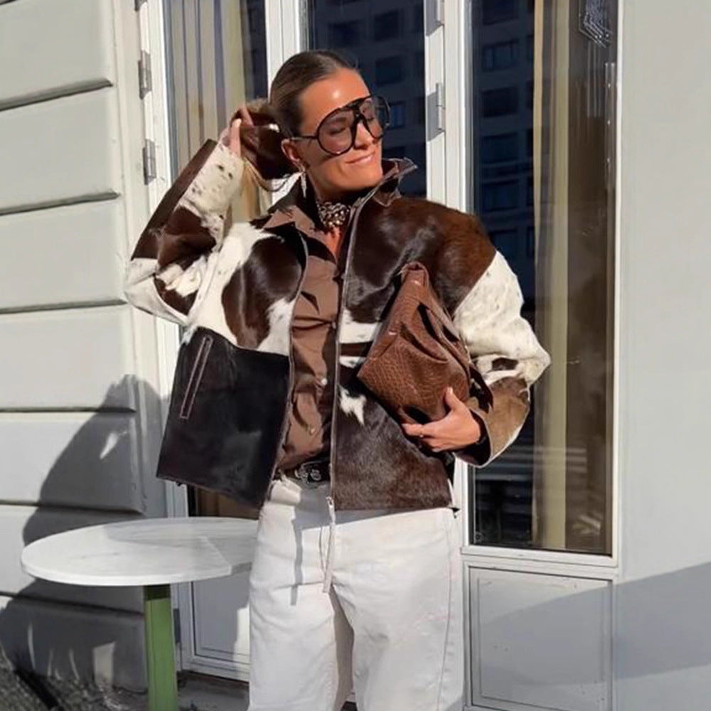 Damen Kurzjacke aus Haarigem Kunstfell mit Patchwork‑Optik und hohem Stehkragen Nord Taschen