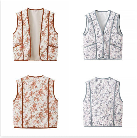 Damen Leicht gesteppte Steppweste mit floralem Print, V‑Ausschnitt und Eingrifftaschen Nord Taschen