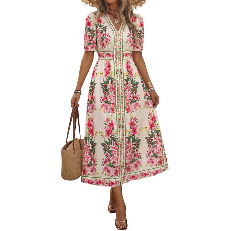 Damen Elegantes Blumenkleid mit kurzen Ärmeln Nord Taschen