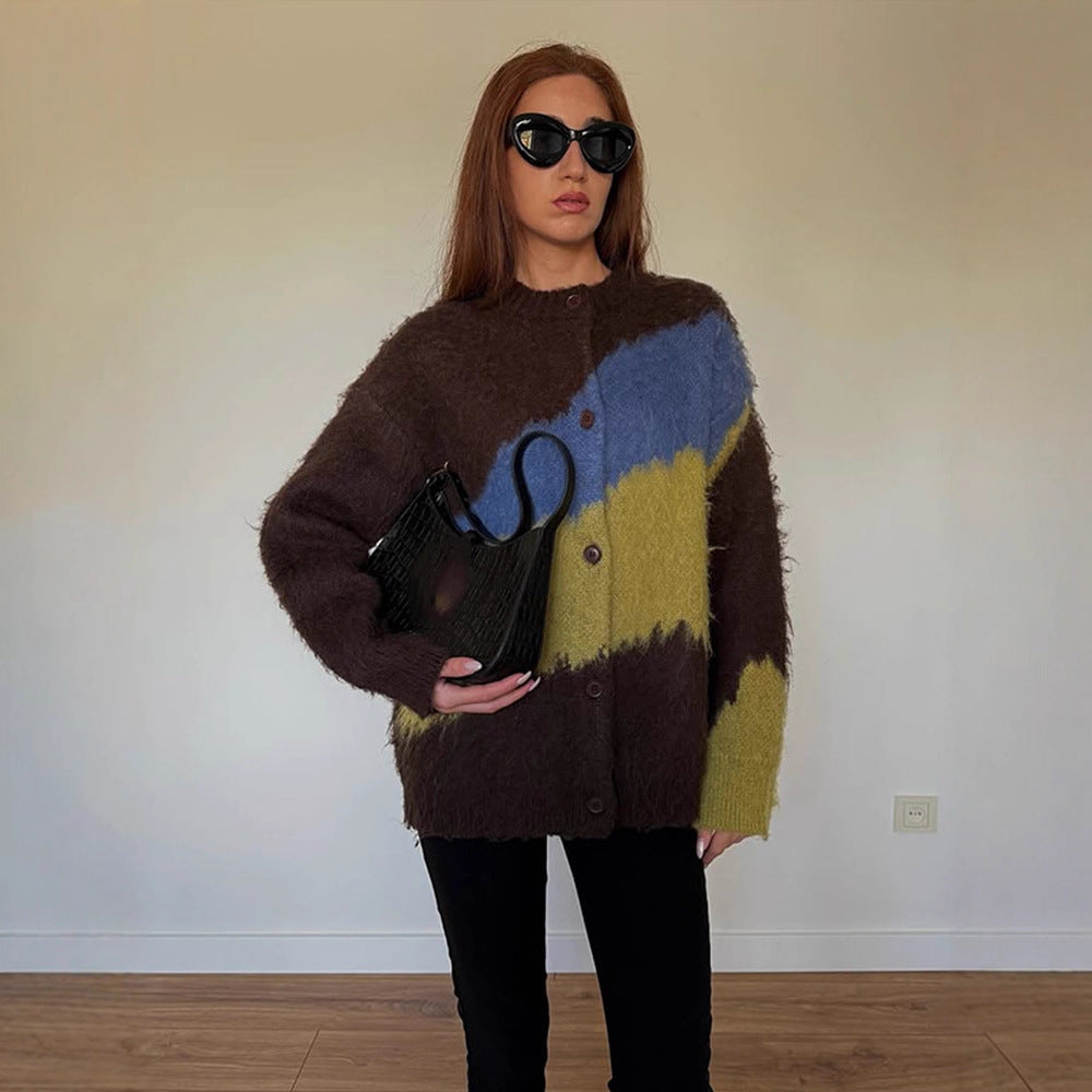 Damen Oversize Mohair-Blend Cardigan mit abstraktem Farbblock und Knopfleiste Nord Taschen