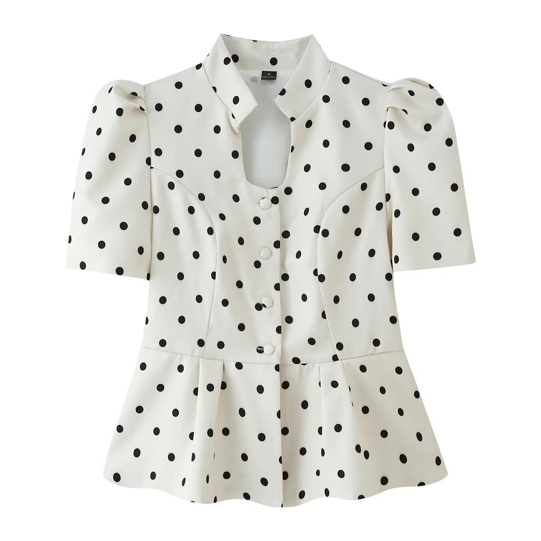 Damen Gepunktete Bluse mit Stehkragen, Puffärmeln und Peplum-Saum Nord Taschen