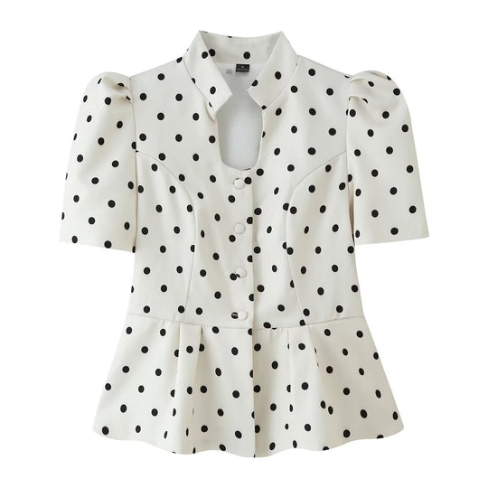 Damen Gepunktete Bluse mit Stehkragen, Puffärmeln und Peplum-Saum Nord Taschen
