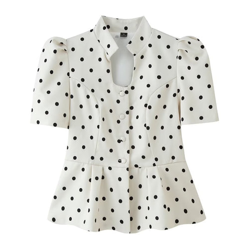 Damen Gepunktete Bluse mit Stehkragen, Puffärmeln und Peplum-Saum Nord Taschen