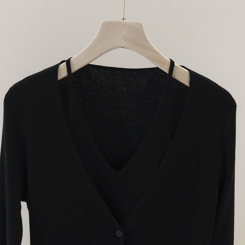 Damen feiner Rippstrick-Cardigan mit integriertem Spaghettitop und tiefem V-Ausschnitt Nord Taschen