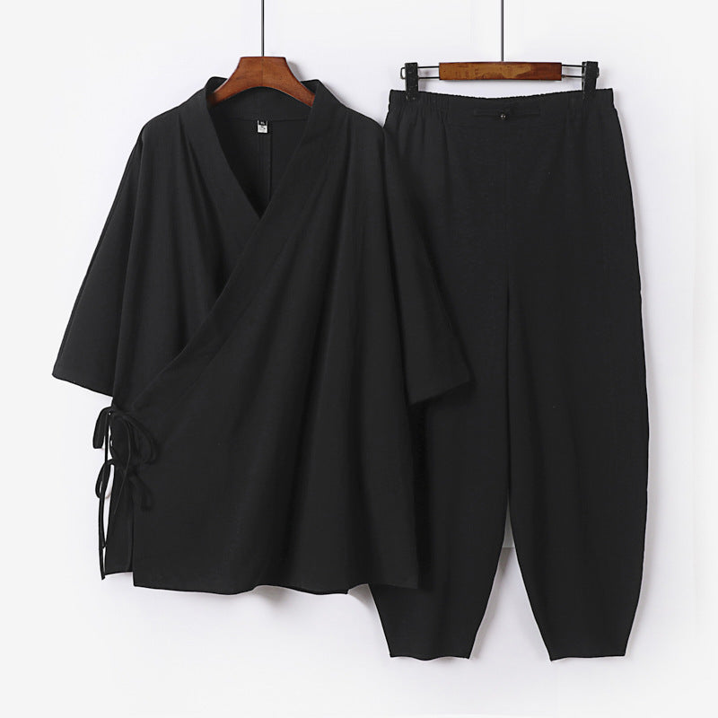 Unisex Leichtes Wickel-Lounge-Set im Kimono-Stil mit seitlichen Bindebändern und elastischer konisch zulaufender Hose Nord Taschen