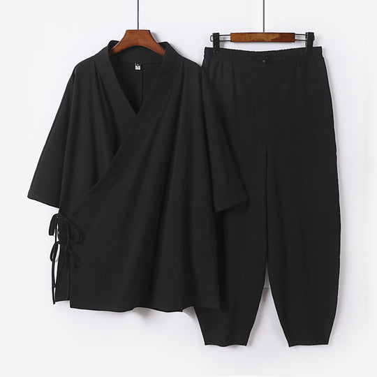 Unisex Leichtes Wickel-Lounge-Set im Kimono-Stil mit seitlichen Bindebändern und elastischer konisch zulaufender Hose Nord Taschen