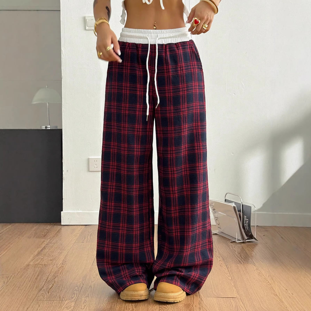 Damen Karierte Relax-Hose mit weitem Bein, Rippbund und Eingrifftaschen Nord Taschen