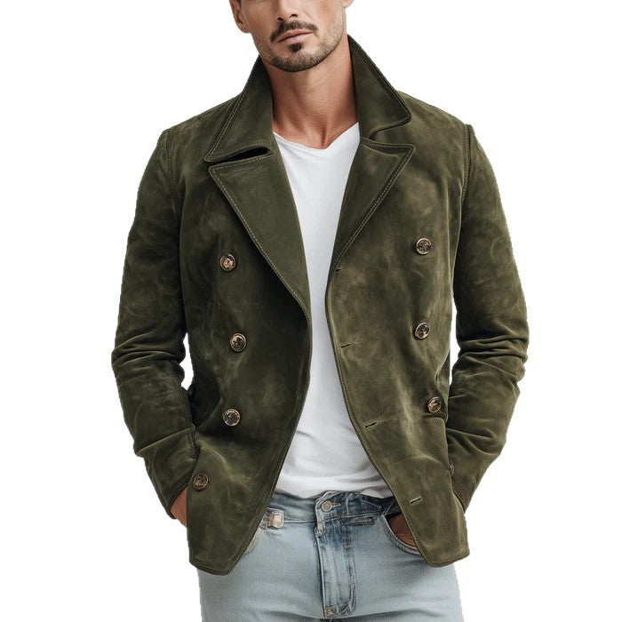 Herren Doppelreihige Velourslederjacke im Kurzmantel-Blouson mit markantem Revers Nord Taschen