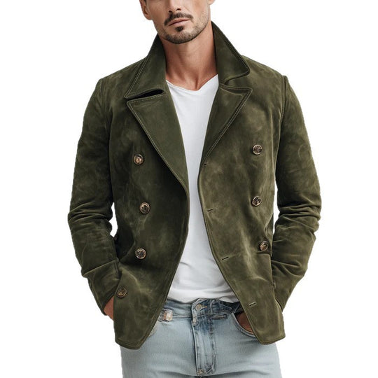 Herren Doppelreihige Velourslederjacke im Kurzmantel-Blouson mit markantem Revers Nord Taschen