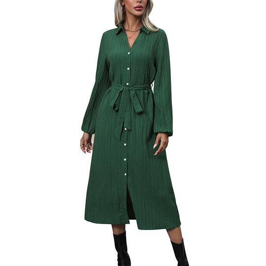 Damen Langarm Hemdblusenkleid mit Gürtel Nord Taschen