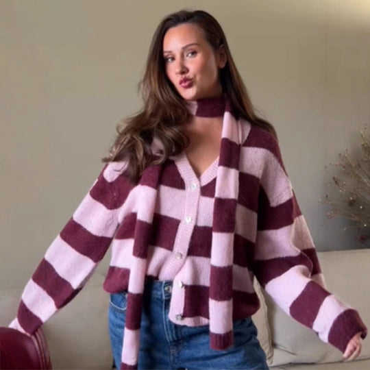 Damen Oversize Strickcardigan-Set mit Blockstreifen, Knopfleiste und passendem Schal Nord Taschen