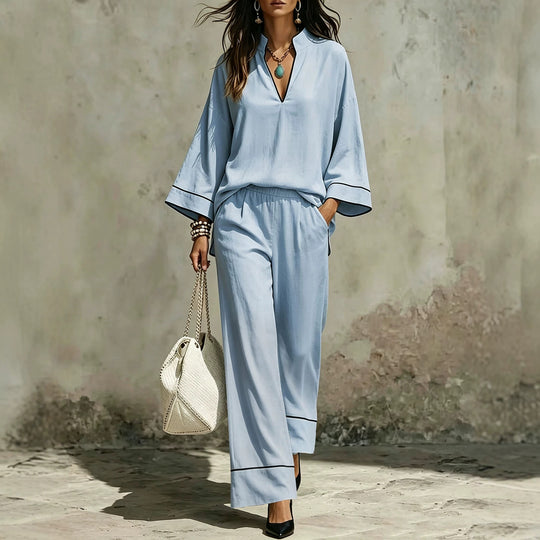 Damen Lässiges zweiteiliges Leinenoptik-Loungewear-Set mit Stehkragen, V-Ausschnitt und weitem Beinschnitt Nord Taschen