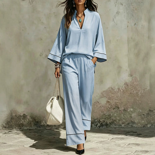 Damen Lässiges zweiteiliges Leinenoptik-Loungewear-Set mit Stehkragen, V-Ausschnitt und weitem Beinschnitt Nord Taschen