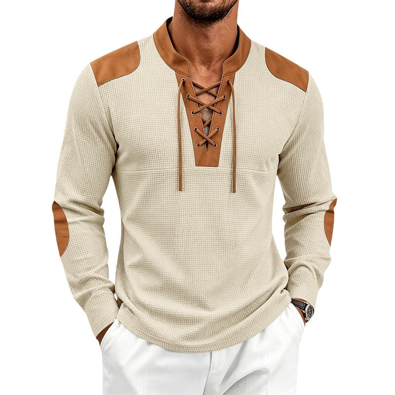 Herren Waffelstrick-Langarmshirt mit Schnürkragen und Kunstleder-Patches Nord Taschen