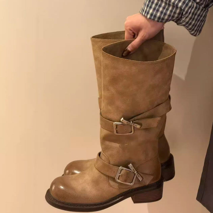 Damen modische Stiefel mit verstellbaren Riemen und komfortablem Blockabsatz