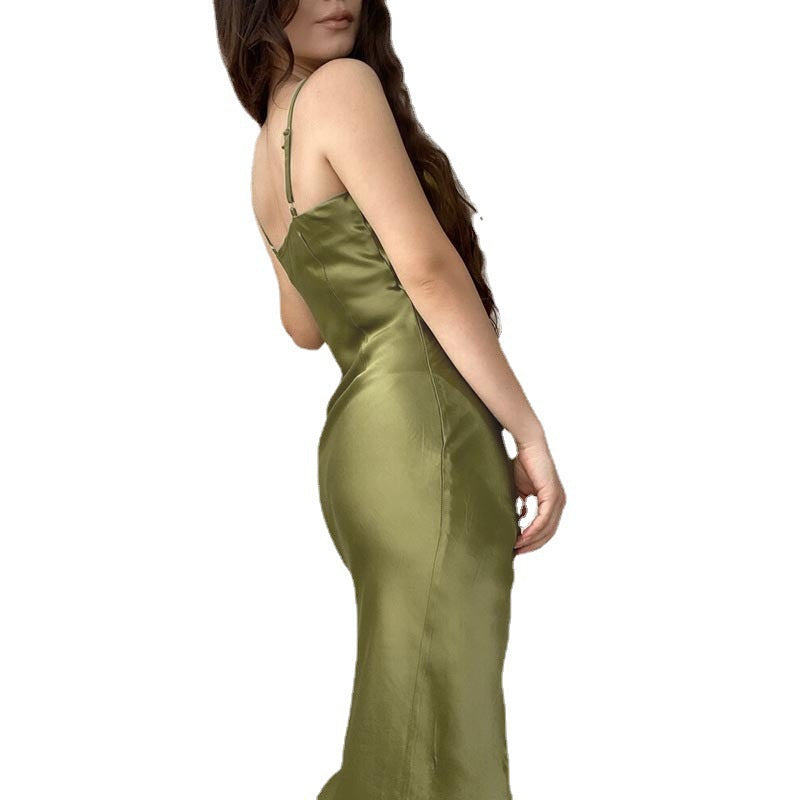 Damen modernes Satin-Midi-Kleid mit elegantem Wasserfallausschnitt und seitlichem Schlitz