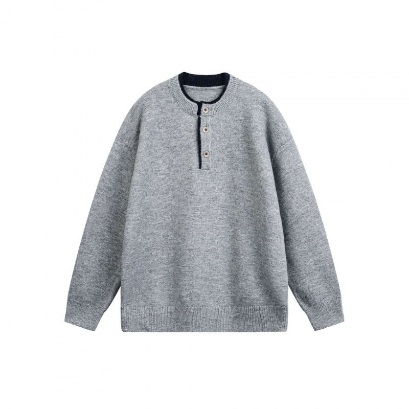 Unisex Grobgestrickter Henley-Pullover mit halber Knopfleiste und geripptem Ausschnitt Nord Taschen