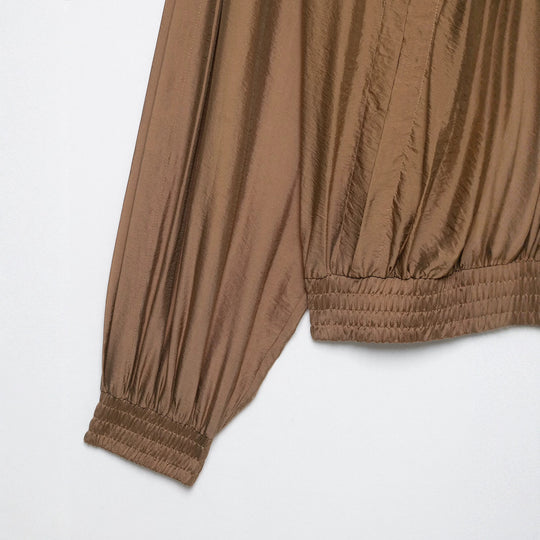 Damen Plissierte Satin-Cropped-Bluse mit Ballonärmeln und gerafftem Gummibund Nord Taschen