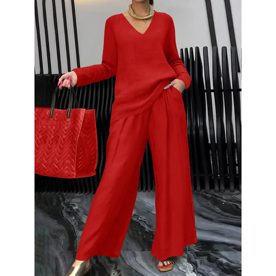 Damen Feiner V-Ausschnitt Strickpullover mit fließender Palazzo-Hose Nord Taschen