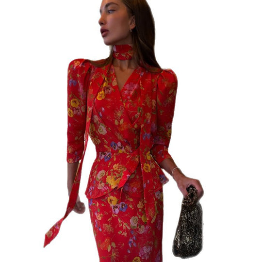 Damen Wickel-Maxikleid mit floralem Print, Puffärmeln und Schalkragen Nord Taschen