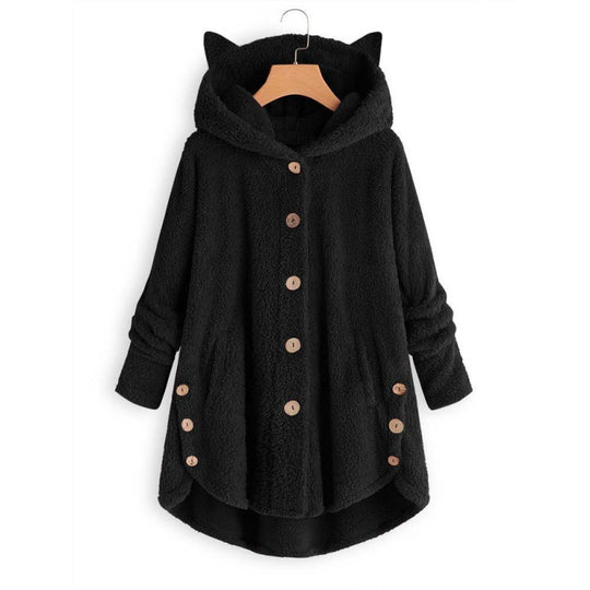 Damen Kapuzen-Teddy-Mantel mit Katzenohren, Knopfleiste und asymmetrischem Saum Nord Taschen
