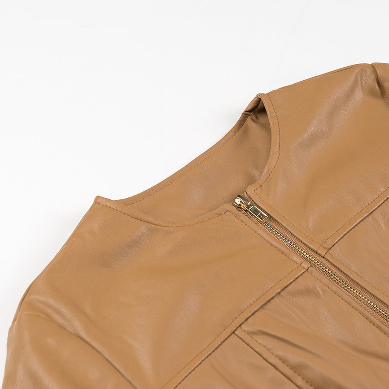 Damen Lederjacke ohne Kragen mit taillierter Passform und durchgehendem Reißverschluss Nord Taschen