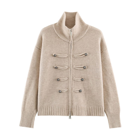 Damen Strickjacke mit Reißverschluss, hohem Stehkragen und dekorativen Zierknopfleisten Nord Taschen