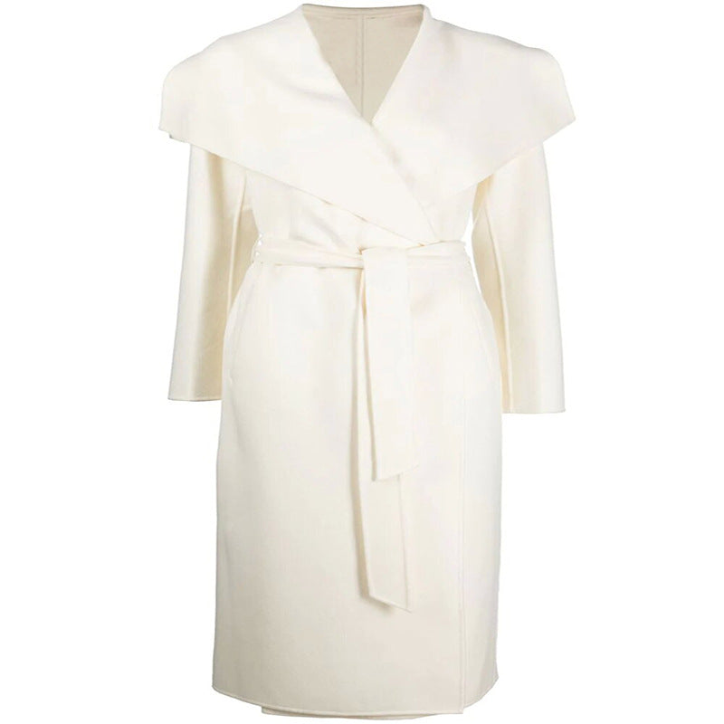 Damen Taillierter Wickelmantel im Kimono‑Look mit weitem Schalkragen und Bindegürtel Nord Taschen