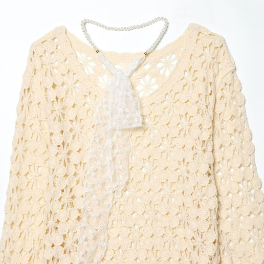 Damen Häkelpullover mit floraler Lochoptik, scallop Saum und zartem Schleifenband Nord Taschen